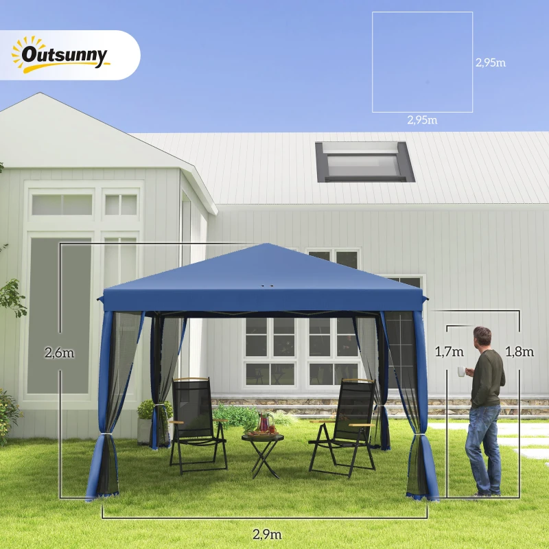 Outsunny Carpa Plegable 3x3 m con 4 Paredes Laterales de Malla 8 Orificios de Drenaje Impermeable y Bolsa de Transporte Azul