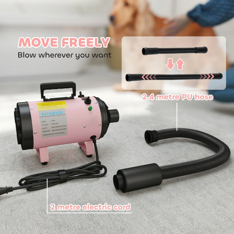 PawHut 2200W Dog Hair Dryer with Adjustable Temperature & Velocity, 3 Different Nozzles, Pink