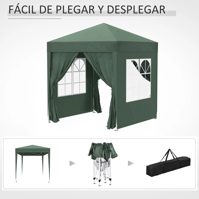 Outsunny Cenador de Jardín 2x2m con 4 Paredes Laterales Tela Oxford 2 Puertas 2 Ventanas y Bolsa de Transporte Impermeable Verde