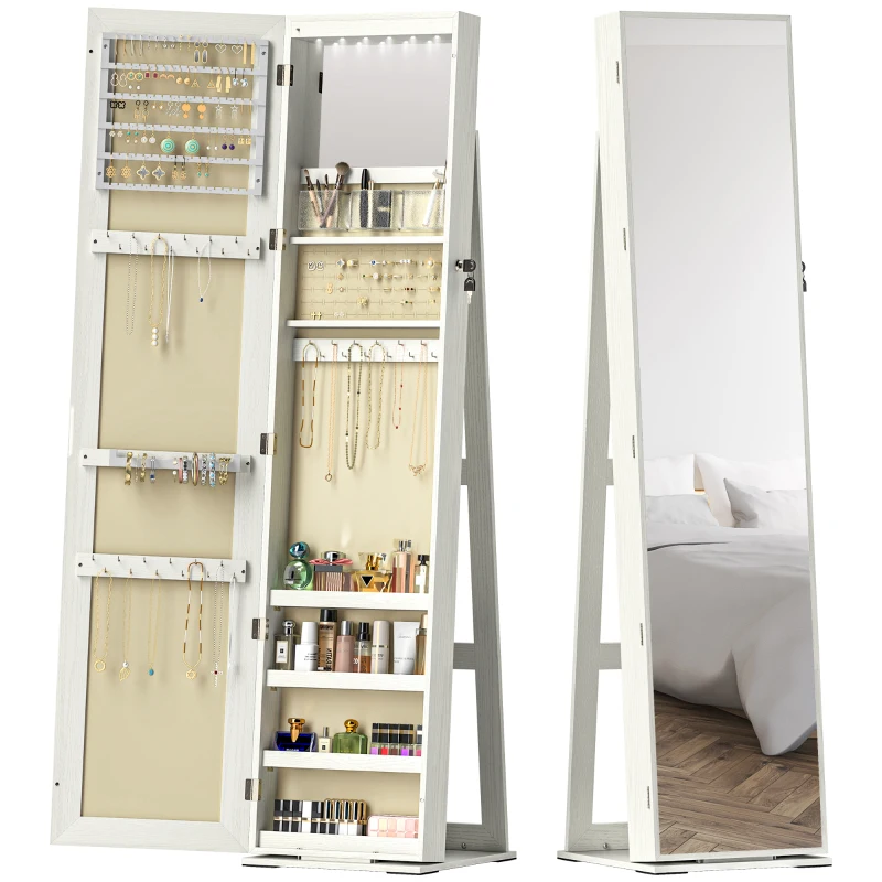 HOMCOM Joalheiro de Pé Armário para Joias com 6 Luzes LED Fechadura Prateleiras Suportes para Anéis 38x38x157 cm Branco e Bege