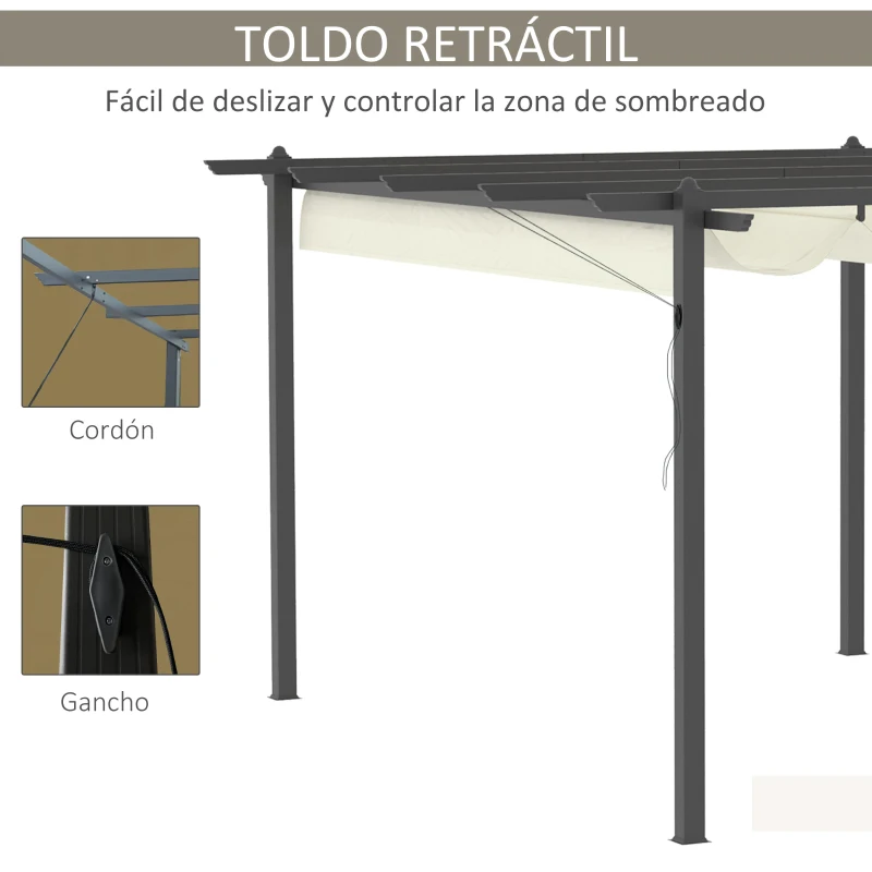 Outsunny Pérgola de Aluminio 4x3 m con Techo Retráctil Tela de Poliéster y 8 Orificios de Drenaje para Jardín y Patio Color Crema