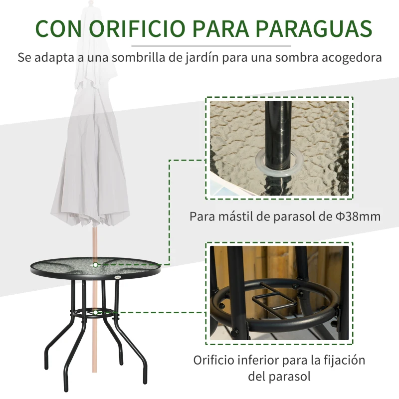 Outsunny Mesa de Exterior Ø80x72 cm con Agujero para Sombrilla y Encimera de Vidrio Templado para Patio Terraza Negro