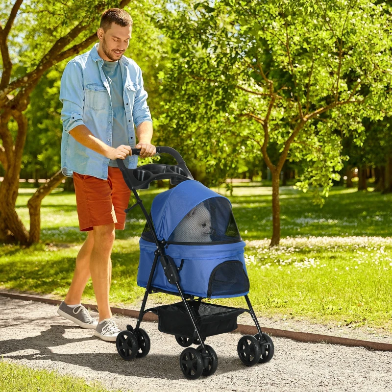 PawHut Carrito para Perros Pequeños con Ruedas Universales Cesta de Almacenaje Correas de Seguridad y Ventanas 67x45x96 cm Azul