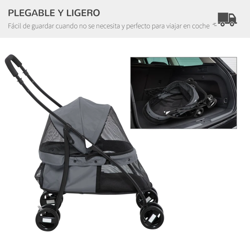 PawHut Cochecito para Perros Pequeños Plegable con Ventanas de Malla Cojín Lavable Correas de Seguridad y Marco de Acero Gris