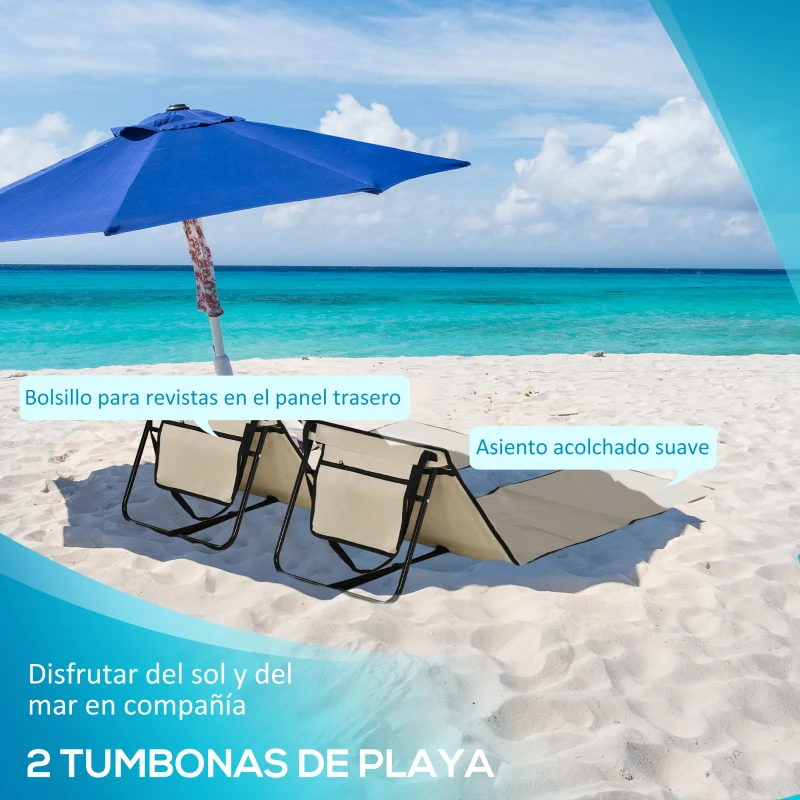 Outsunny Conjunto de 2 Esterillas de Playa con Respaldo Reclinable y Bolsa de Transporte para Jardín Camping 142x51x40 cm Beige