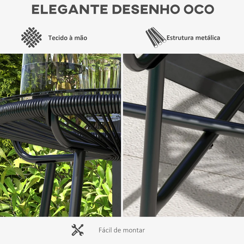Outsunny Mesa Auxiliar de Vime Sintético para Exteriores com Bancada de Vidro Temperado e Pés de Metal Ø50x50 cm Preto