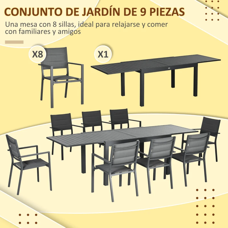 Outsunny Juegos de Comedor de Jardín con Marco de Aluminio Mesa Extensible y 8 Sillas Apilables para Terraza Patio Gris