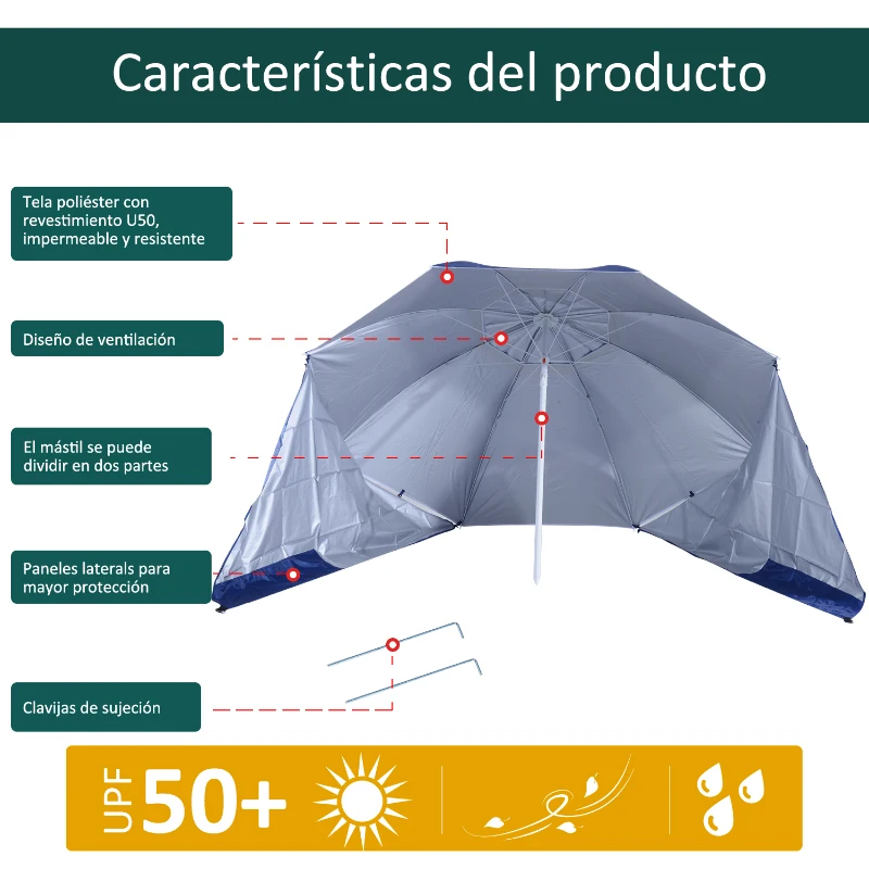 Outsunny Parasol para Playa 2 en 1 con 2 Paneles Laterales Toldo Portátil Anti-UV con Bolsa de Transporte Ø210x222cm Azul