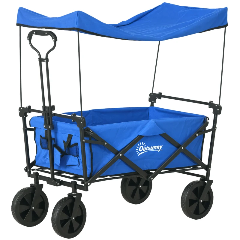 Outsunny Carro Plegable con Toldo Desmontable Longitud y Ángulo del Mango Ajustables y Bolsa de Transporte Carga 100 kg Azul