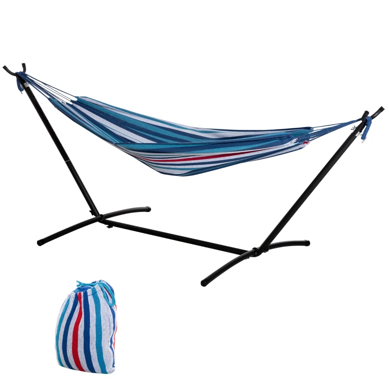 Outsunny Cama Rede com Suporte 310x117 cm com Bolsa de Transporte Altura Ajustável Capacidade 120 kg para Campismo Azul e Branco