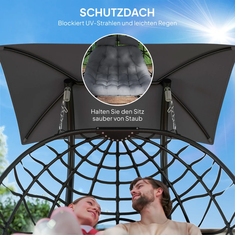 Outsunny Hängestuhl, Faltbarer Korbstuhl mit Kissen, Stahlrahmen, Sonnendach, bis zu 260 kg belastbar, Dunkelgrau