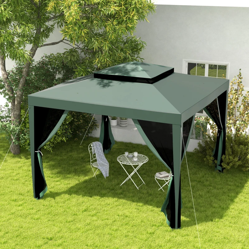 Outsunny Carpa de Jardín 3x3 m Cenador Gazebo con 4 Mosquiteras Laterales Techo Doble 8 Orificios de Drenaje Marco de Metal Verde