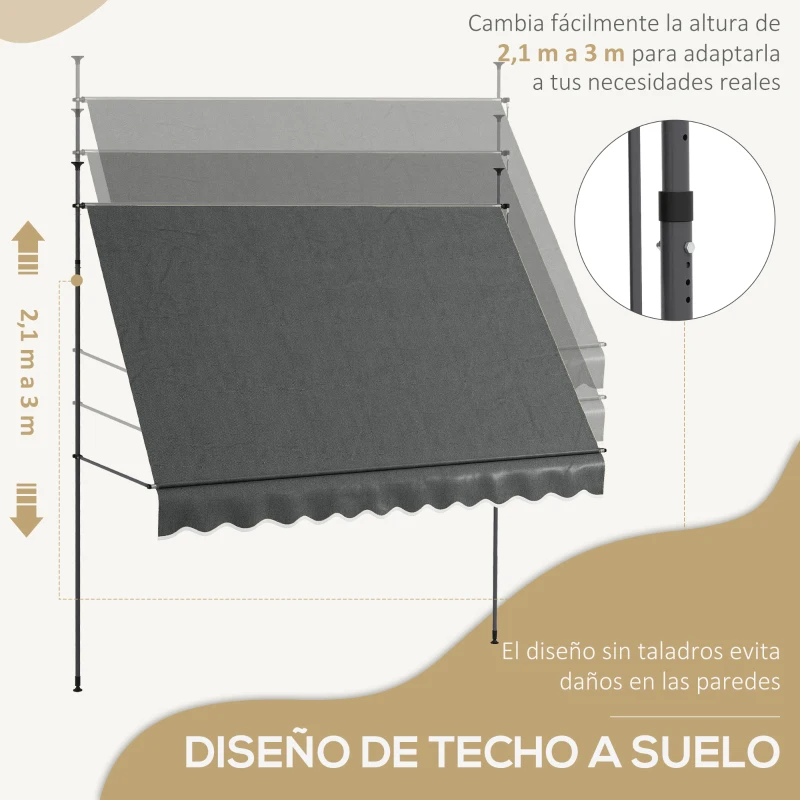 Outsunny Toldo Manual Retráctil para Balcón 300x120x210-300 cm con Manivela Altura Ajustable Impermeable y Anti-UV Gris Oscuro