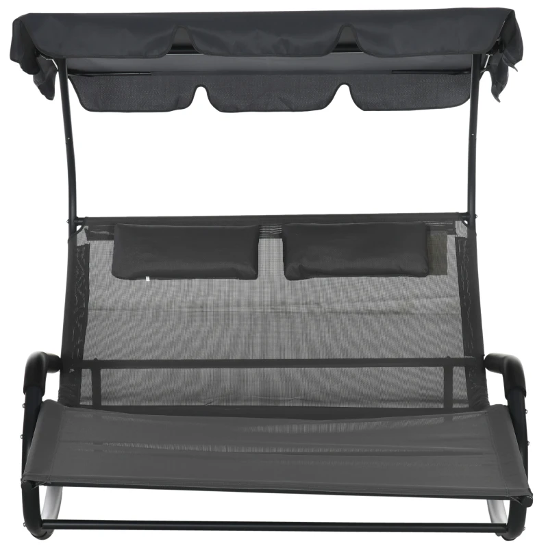 Outsunny Doppel-Sonnenliege für 2 Personen, inkl. Kissen u. Baldachin, 200 cm x 139 cm x 140 cm, Dunkelgrau