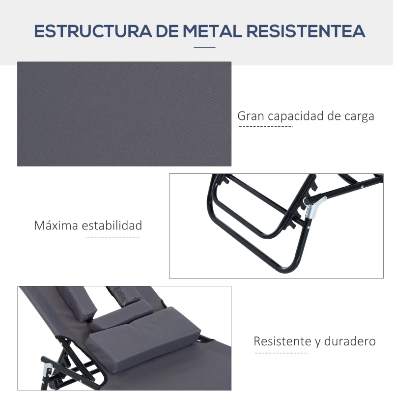 Outsunny Tumbona Plegable con Respaldo Regulable en 4 Posiciones Tumbona de Jardín con Almohada Marco de Acero y Tela Oxford para Camping Playa Terraza Carga 120 kg 190x56x28 cm Gris