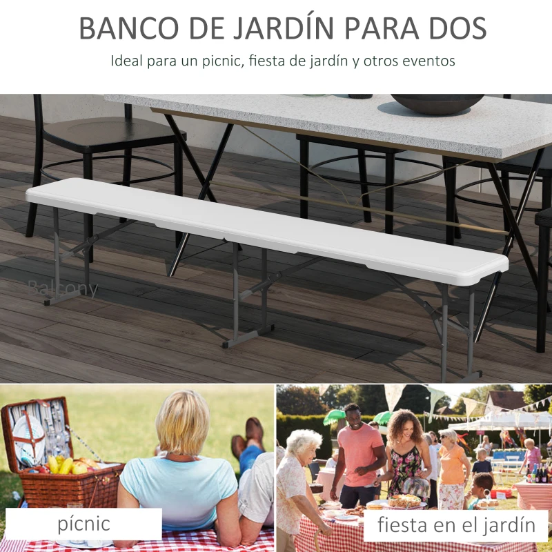 Outsunny Banco Exterior Plegable de 3 Plazas con Marco de Acero Carga 360 kg para Patio Terraza Balcón Camping 183x28x43cm Blanco