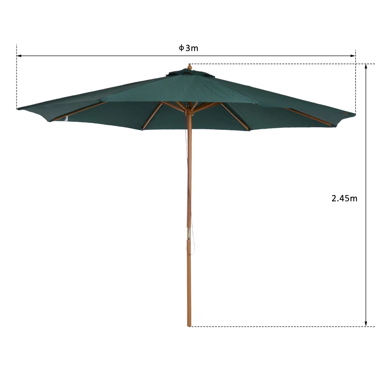 Outsunny Sombrilla Ø300x250 cm Parasol con Poste de Madera con Sistema de Poleas para Jardín Patio Terraza Verde