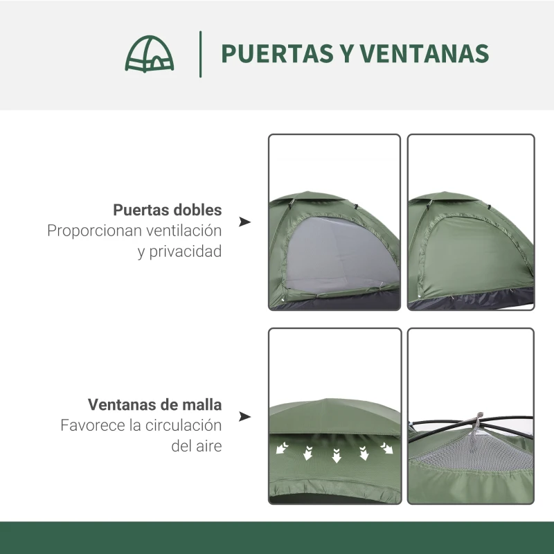 Outsunny Tienda de Camping Plegable con 2 Ventanas de Malla Bolsa de Transporte y Marco de Fibra de Vidrio 206x152x110 cm Verde
