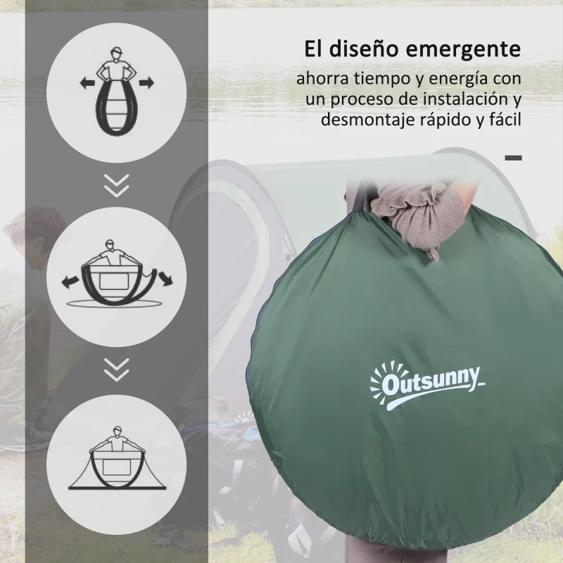 Outsunny Tienda de Camping Pop-up para 1-2 Personas Impermeable 3000 mm con Bolsillos y Bolsa de Transporte 250x150x100cm Verde