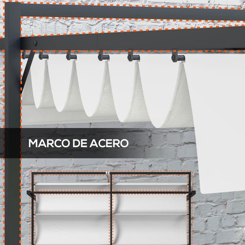 Outsunny Cenador de Jardín 3x4 m con Techo Retráctil de Poliéster y 12 Orificios de Drenaje Pérgola para Terraza Blanco y Gris