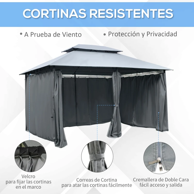 Outsunny Gazebo de Exterior 3x4 m con Paredes Laterales Doble Techo 6 Puertas con Cremallera y 8 Orificios de Drenaje Gris