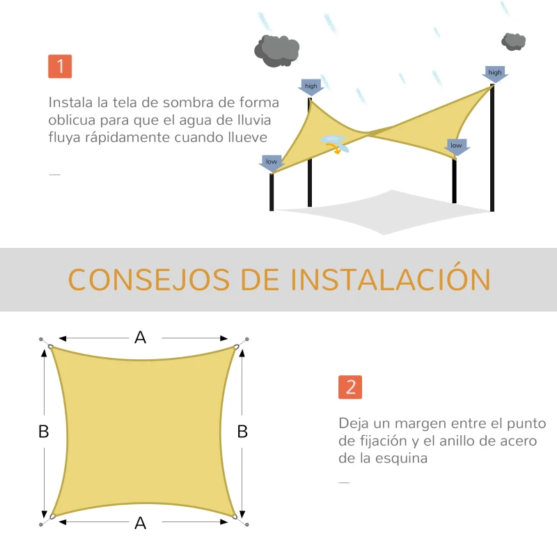 Outsunny Toldo Vela Rectangular 6x4 m Vela de Sombra para Jardín Patio Terraza Poliéster Anti UV Color Arena
