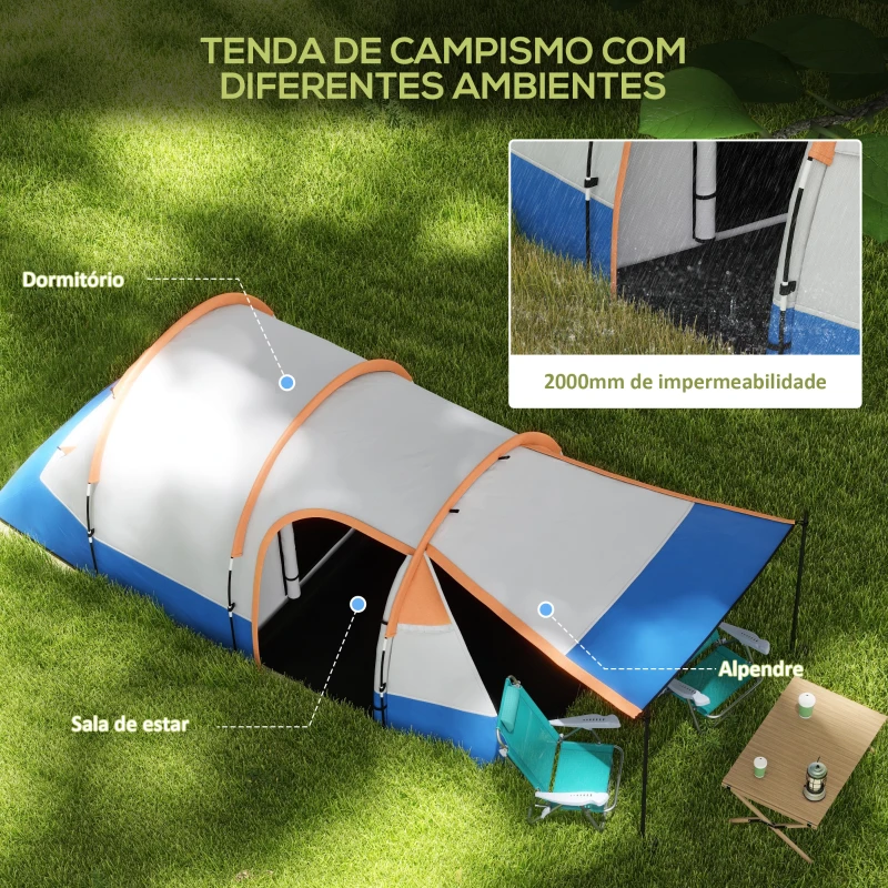 Outsunny Tenda de Campismo Familiar para 2-3 Pessoas com 2 Áreas e Bolsa de Transporte Impermeável 420x200x150 cm Cinza e Laranja
