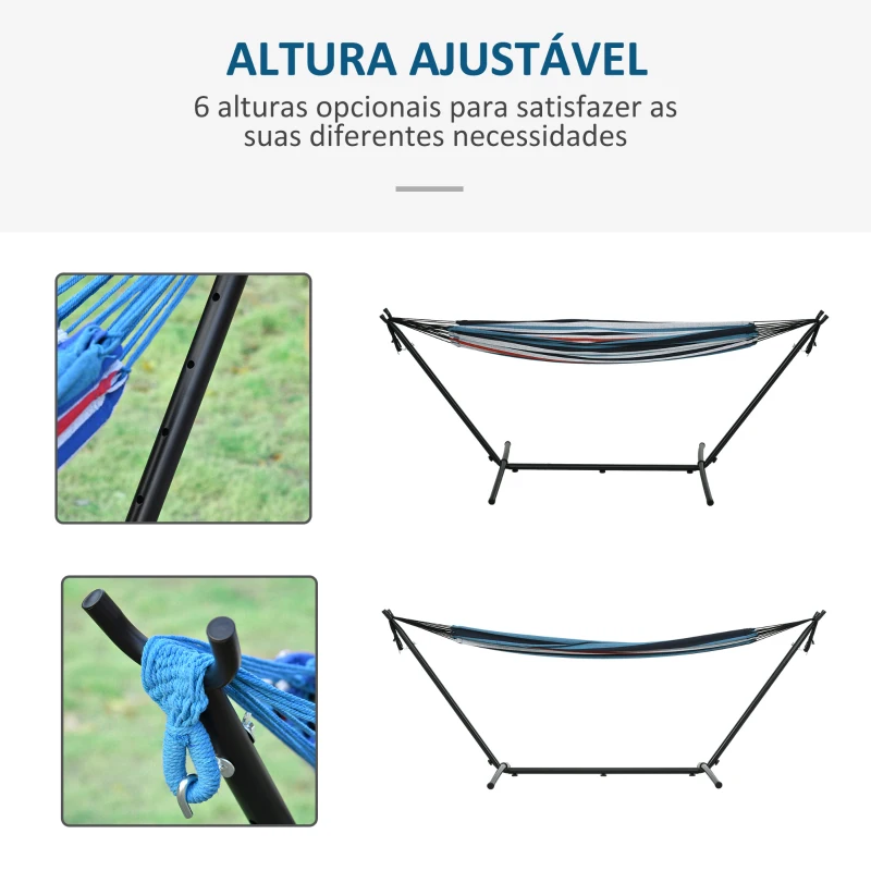 Outsunny Cama Rede com Suporte 310x117 cm com Bolsa de Transporte Altura Ajustável Capacidade 120 kg para Campismo Azul e Branco