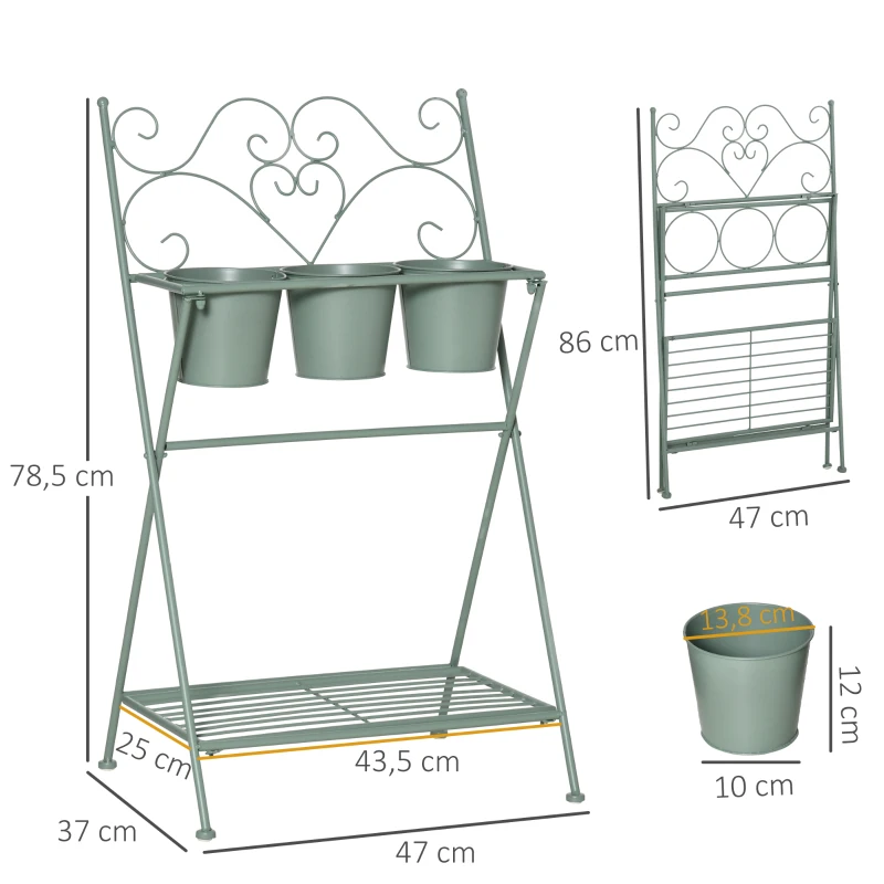 Outsunny Suporte de Metal para Plantas Dobrável com 3 Vasos Incluidos e Prateleira Inferior Suporte para Vasos de Flores Decorativo para Interior e Exterior 47x37x78,5cm Verde
