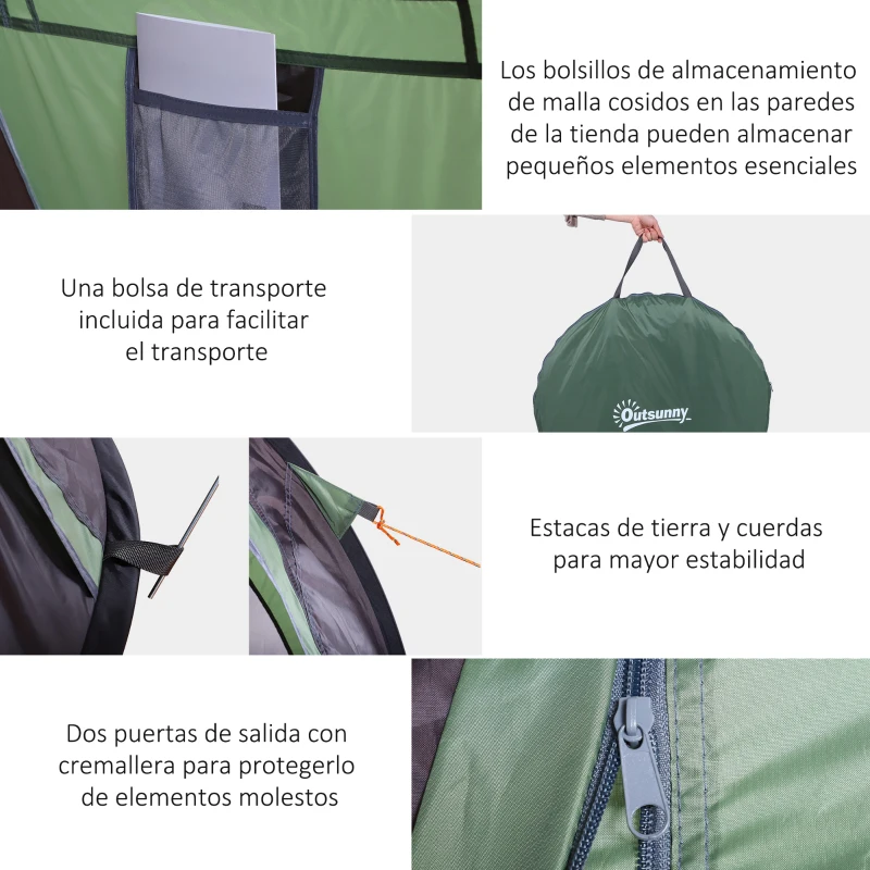 Outsunny Tienda de Camping Pop-up para 1-2 Personas Impermeable 3000 mm con Bolsillos y Bolsa de Transporte 250x150x100cm Verde