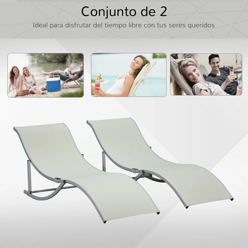 Outsunny 2 Tumbonas Plegables en Forma de S Ergonómica con Marco de Aluminio Texteline para Piscina Patio Jardín Terraza 165x61x63 cm Crema