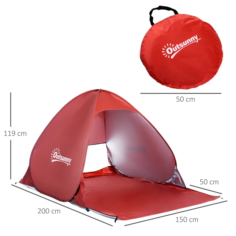 Outsunny Tienda de Playa para 2-3 Personas Pop-Up con Ventanas tipo Refugio con Protección Solar UV 200x150x119 cm Rojo