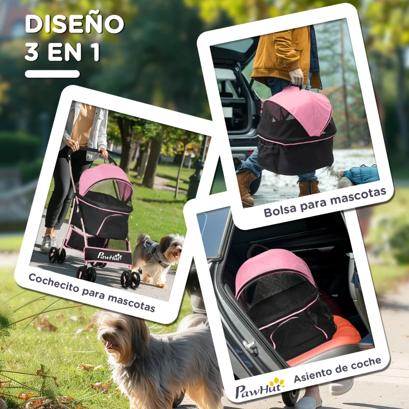 PawHut Carrito para Perros Pequeños 3 en 1 con Vagón Desmontable Cesta de Almacenaje Correas de Seguridad y Cojín Rosa