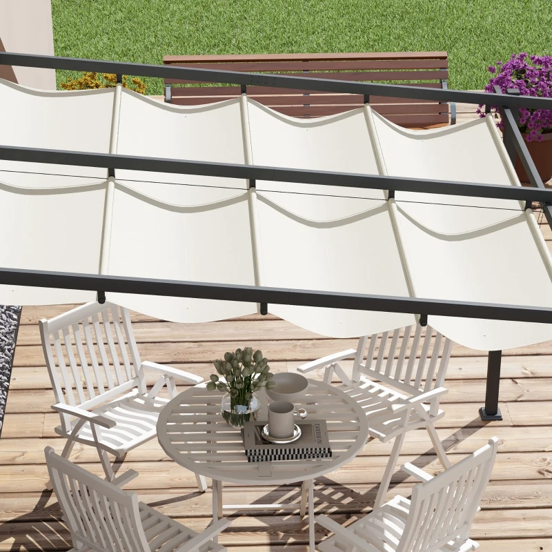Outsunny Pérgola 3x3 m Cenador de Jardín con Techo Retráctil de Poliéster y Marco de Acero Crema y Gris Oscuro