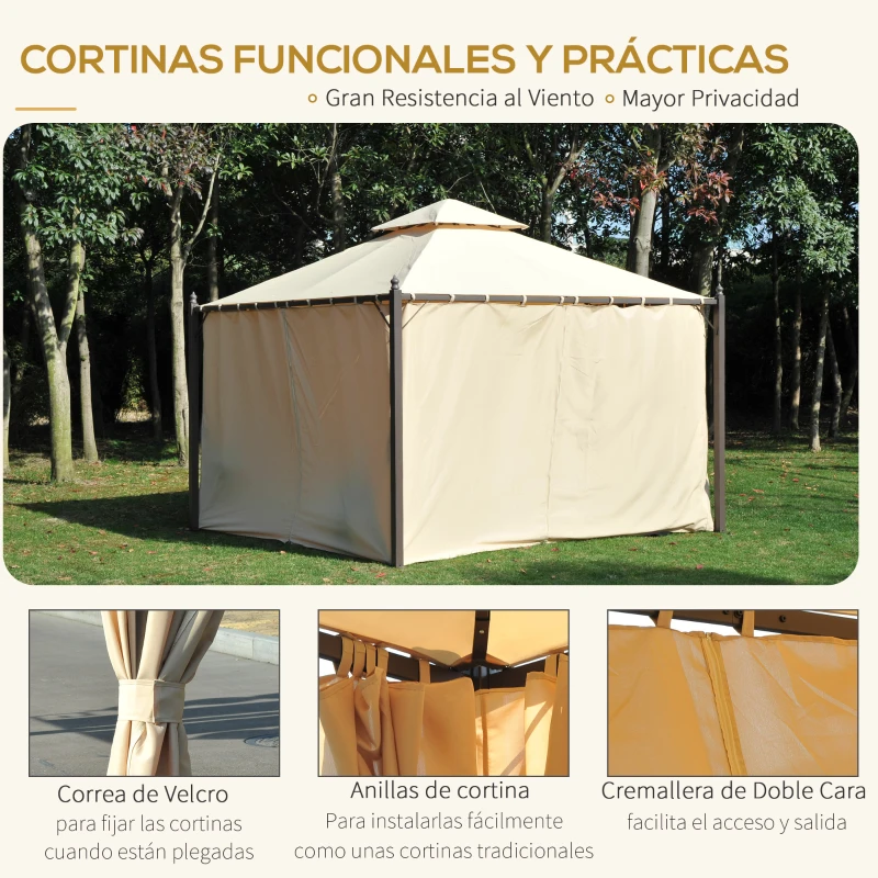 Outsunny Cenador de Jardín 3x3m Gazebo con Doble Techo 4 Cortinas Laterales Mejor Ventilación Exterior Espacioso para Fiesta Eventos Barbacoa Beige