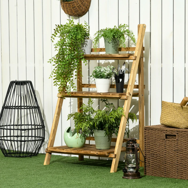 Outsunny Soporte para Plantas de Madera de 3 Niveles Estantería para Plantas Plegable Soporte para Macetas 60x37x93 cm Natural