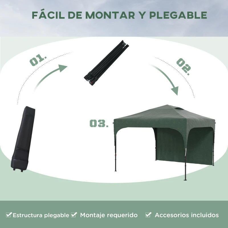 Outsunny Cenador de Jardín 3x3 m con Altura Ajustable 1 Pared Lateral Impermeable 4 Bolsas de Arena y Bolsa de Transporte Verde