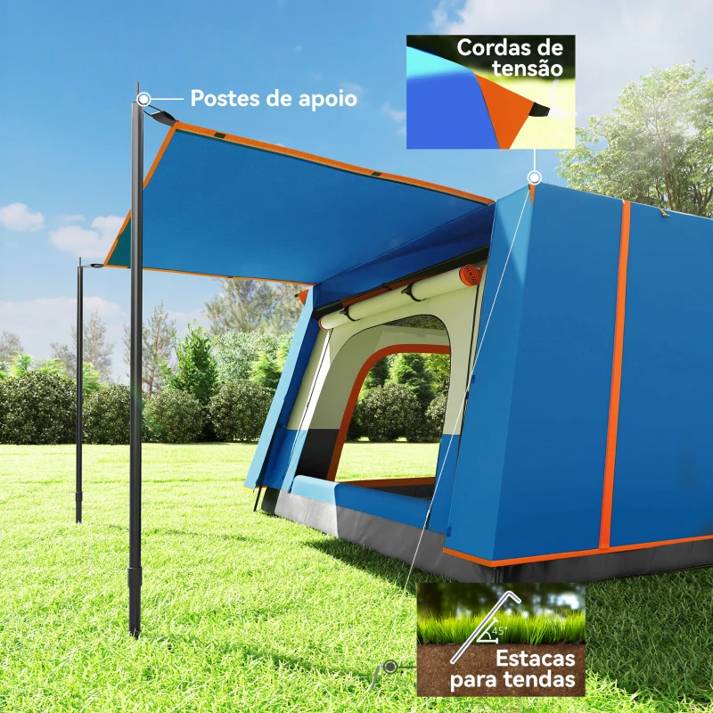 Outsunny Tenda de Campismo Familiar para 4-6 Pessoas com 2 Quartos Alpendre Impermeável 3000 mm Anti-UV 430x305x195 cm Azul