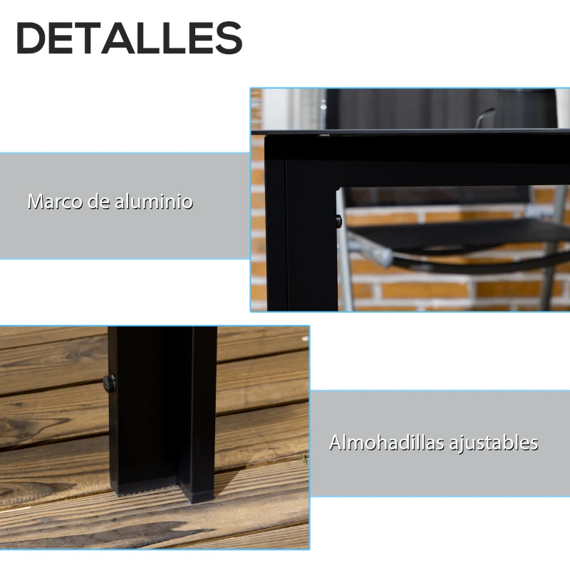 Outsunny Mesa de Exterior Rectangular con Marco de Aluminio y Encimera de Cristal Carga 50 kg para Jardín 150x90x74 cm Negro
