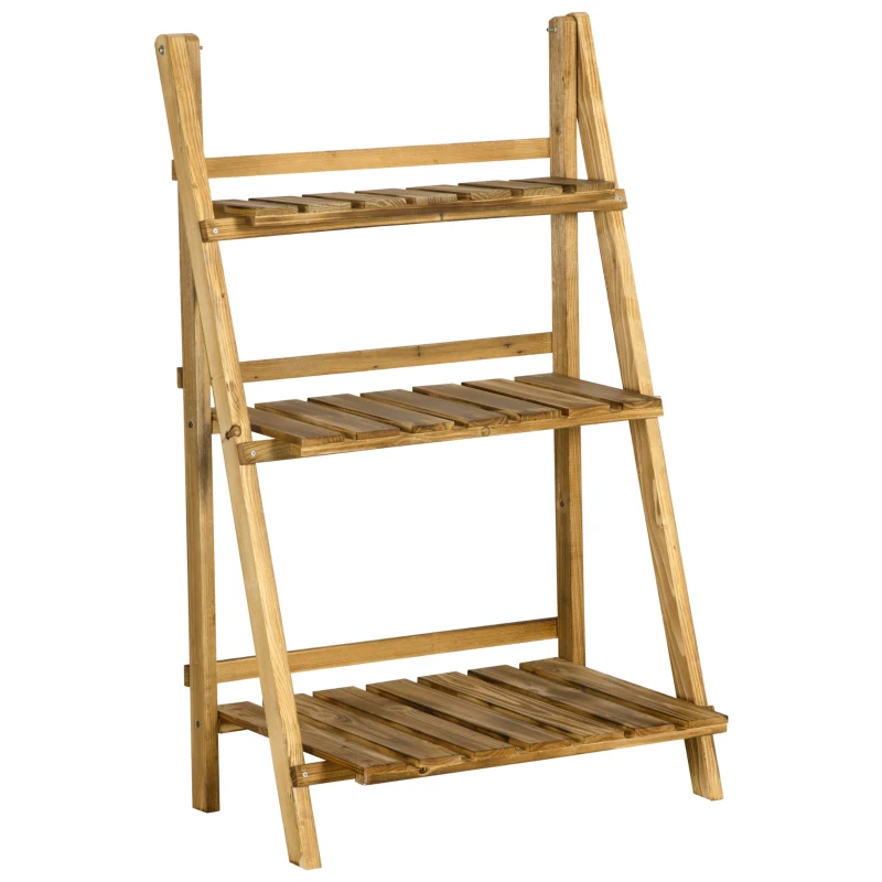 Outsunny Soporte para Plantas de Madera de 3 Niveles Estantería para Plantas Plegable Soporte para Macetas 60x37x93 cm Natural