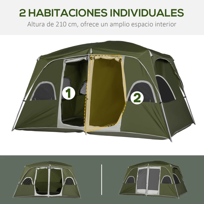 Outsunny Tienda de Campaña para 4-8 Personas con 2 Dormitorios 2 Bolsillos y Ventanas con Malla Impermeable 400x275x210 cm Verde