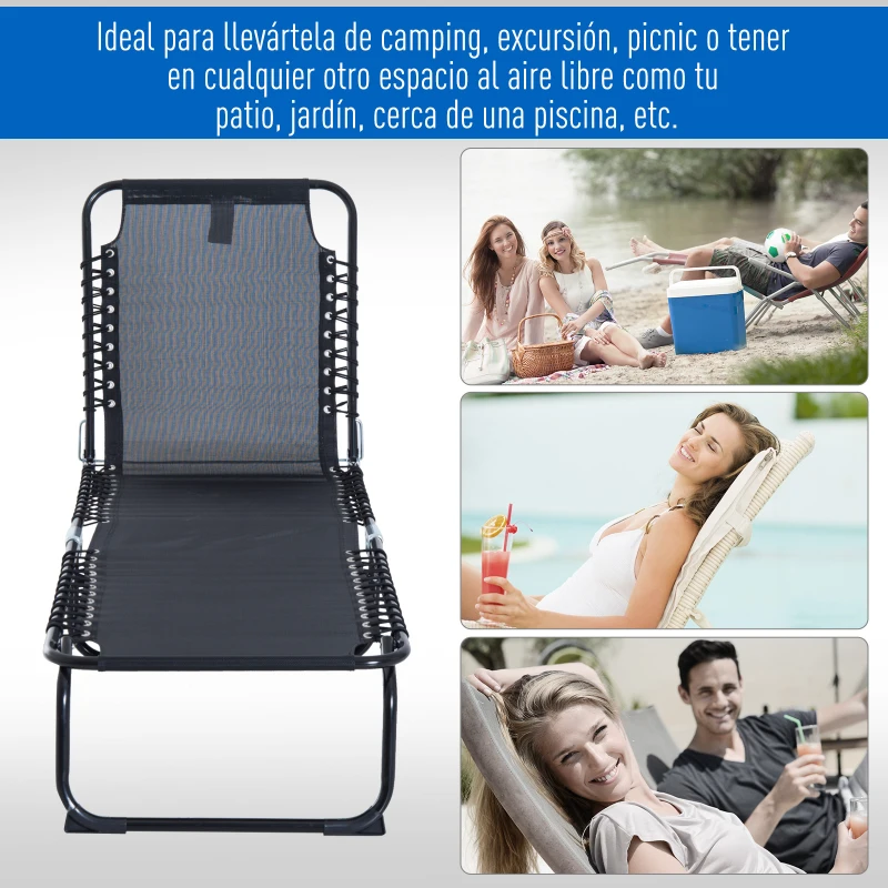 Outsunny Tumbona Plegable Ajustable de 4 Posiciones con Sistema de Cordones para Exterior Marco Acero 189x58x30 cm Negro