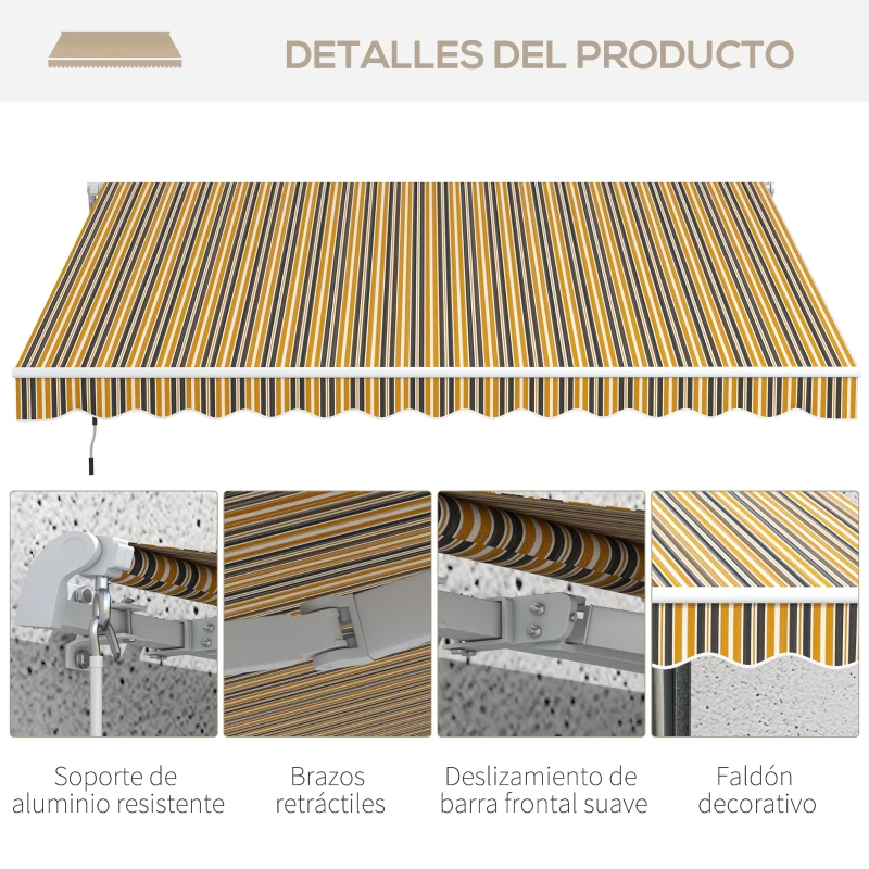 Outsunny Toldo para Balcón 350x250 cm con Manivela de Metal Impermeable y Anti-UV para Jardín Terraza Ventanas Gris y Amarillo