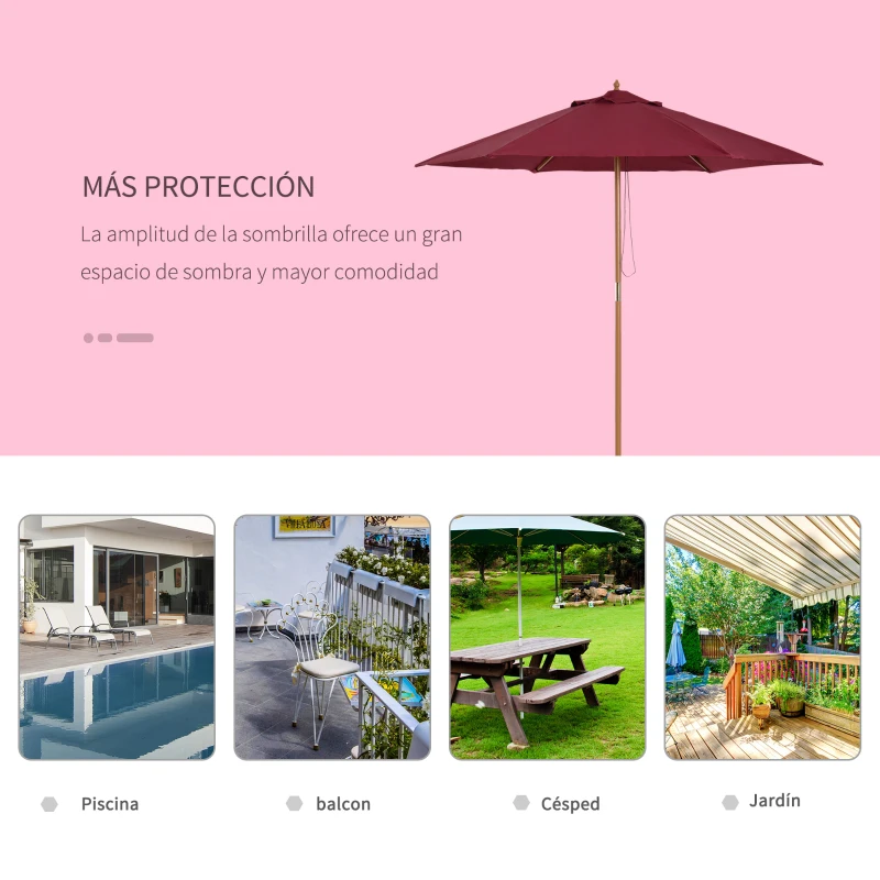 Outsunny Sombrilla Parasol de Madera Ø250x230cm para Exterior con 6 Varillas Sistema de Polea Color Granate