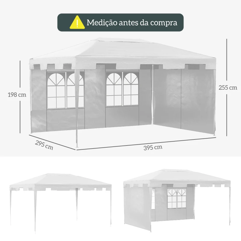 Outsunny Tenda de Jardim 395x295x255 cm  Tenda de Exterior com 2 Paredes Laterais 2 Janelas Anti-UV para Pátio Varanda Branco