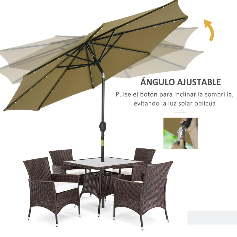 Outsunny Parasol de Terraza Ø268x238 cm con 24 Luces LED Solar Mecanismo de Inclinación Manivela y Poste Desmontable Marrón