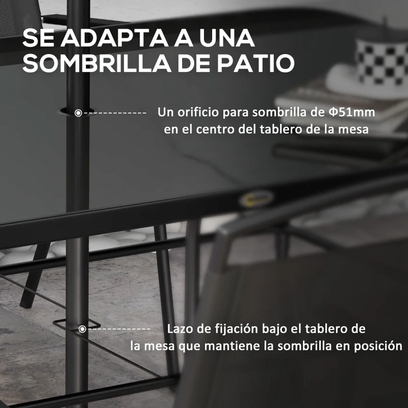 Outsunny Juego de Comedor de Jardín de 8 Piezas con 1 Mesa de Cristal 6 Sillas Plegables y 1 Sombrilla para Terraza Patio Negro