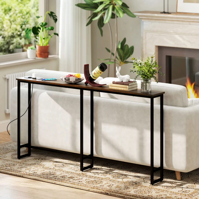 HOMCOM Smalle Consoletafel met Oplaadstation, Industriële Stijl, Stalen Frame, Bruin(m-8)