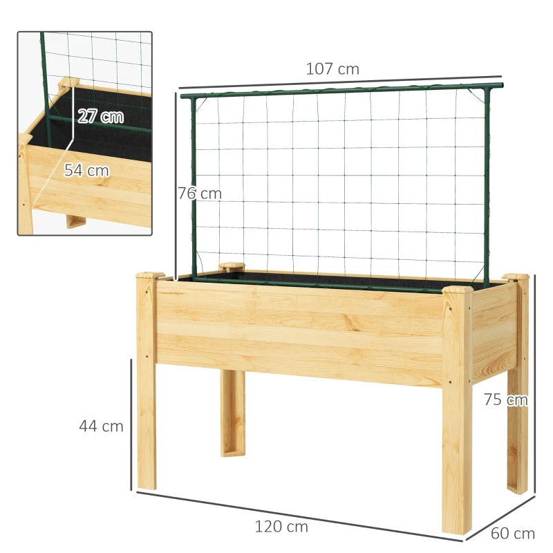 Outsunny Jardinera de Cultivo con Enrejado Huerto Urbano para Trepar Enredaderas Verduras Plantas Flores 120x60x75 cm Natural
