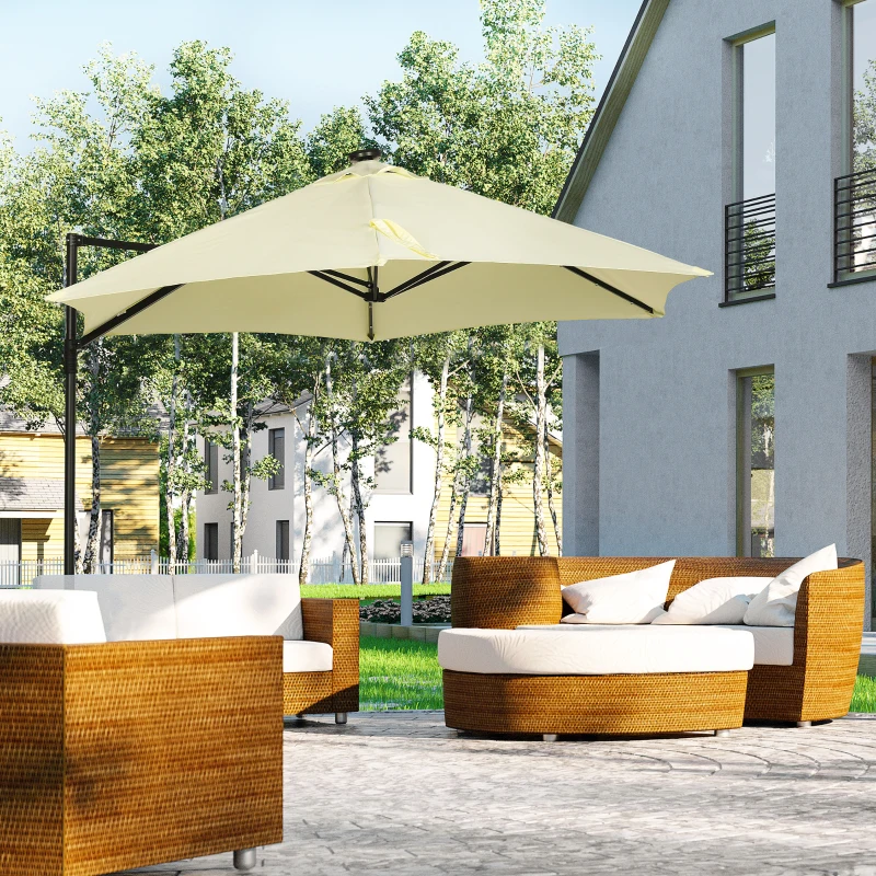 Outsunny Parasol de Terraza Manual Ø256x248 cm con Luces LED Solares Poste Giratorio 360° y Ventilación Superior Beige